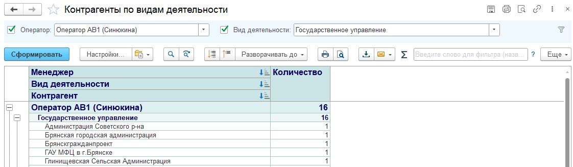 Контрагенты по видам деятельности