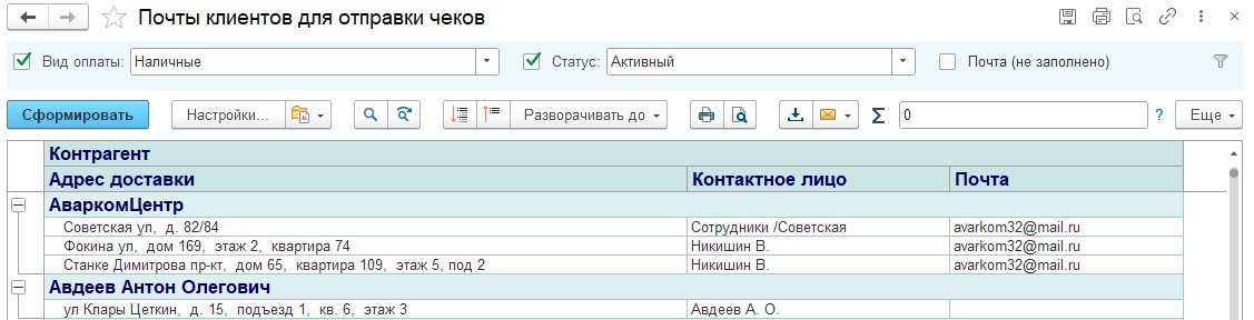 Почты клиентов для отправки чеков